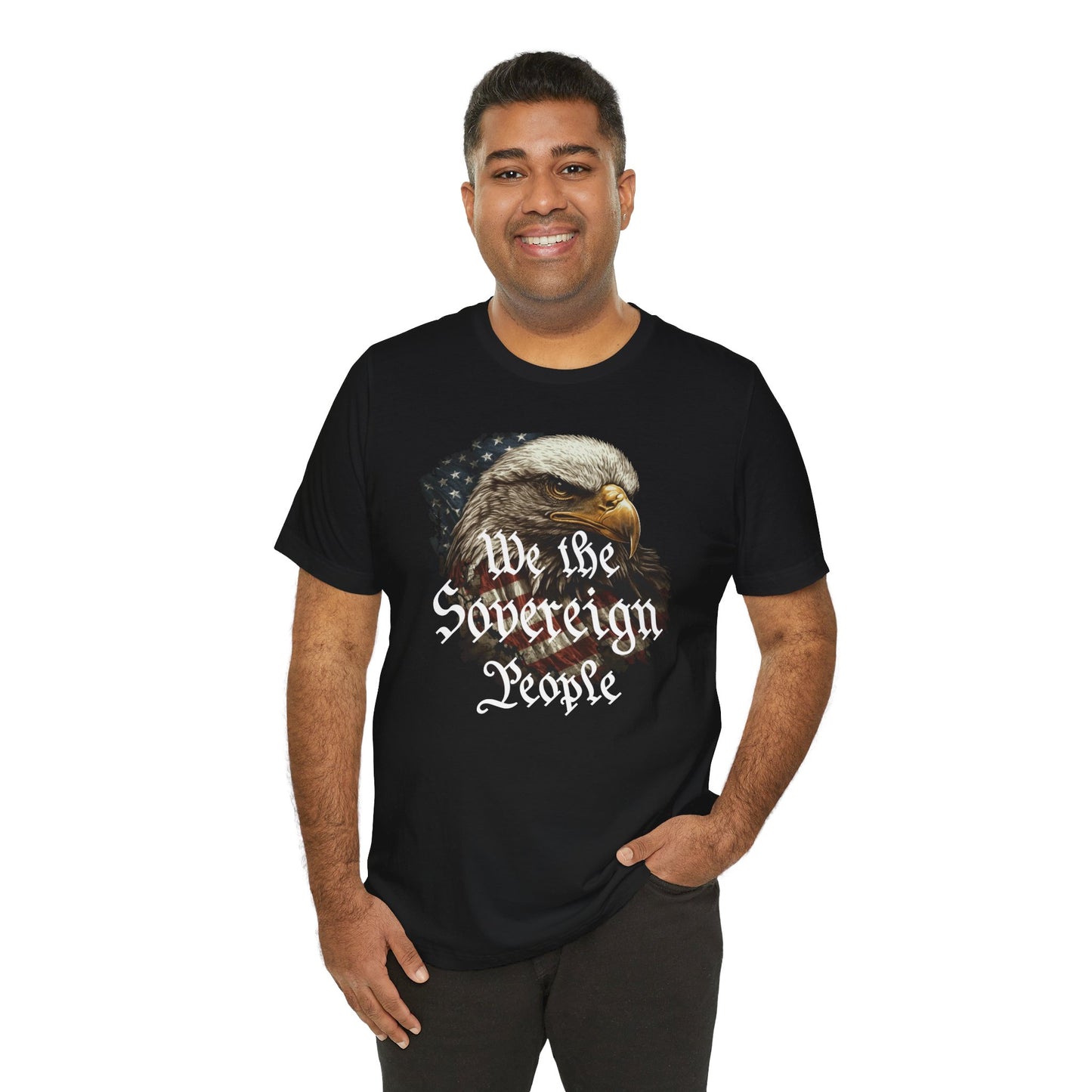 We the Sovereign People and American Bald Eagle, Text in Graduated Gold, on a Black or Navy Blue Shirt