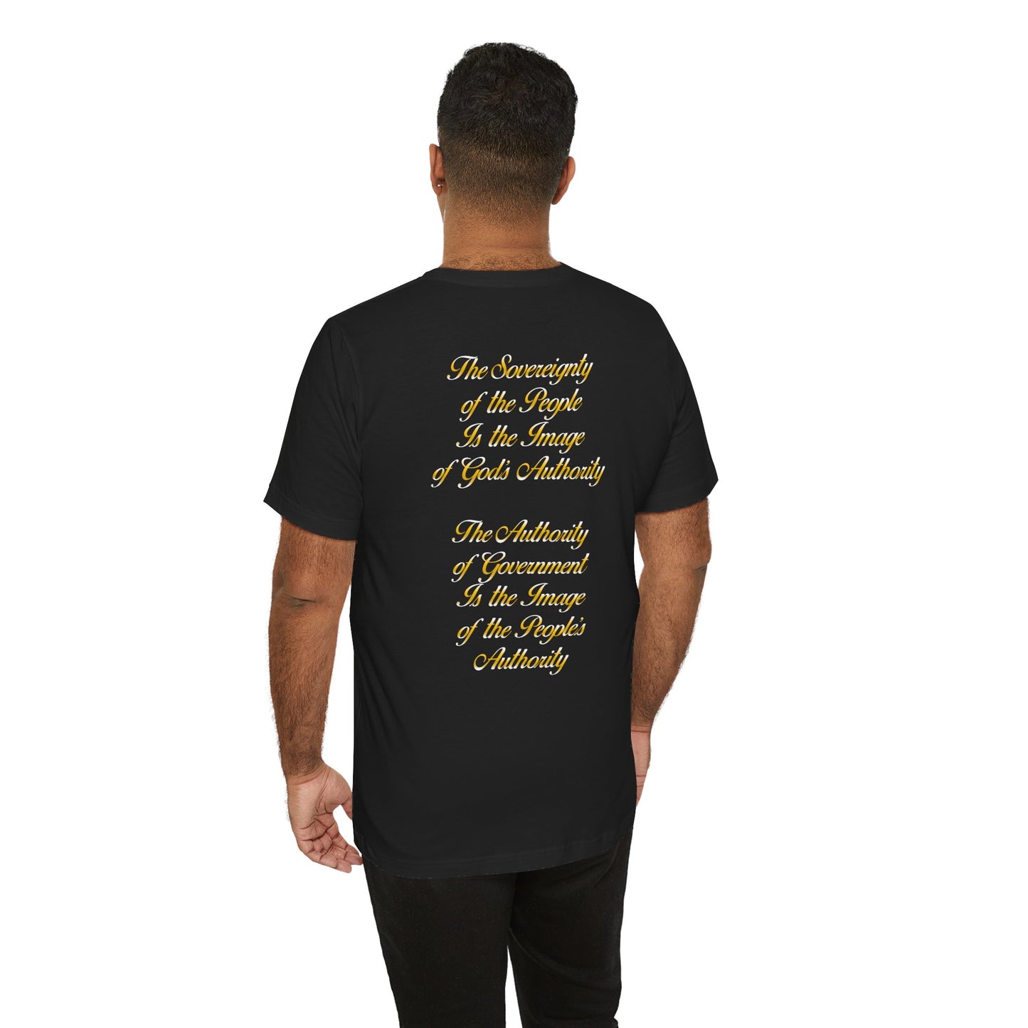We the Sovereign People and American Bald Eagle, Text in Graduated Gold, on a Black or Navy Blue Shirt