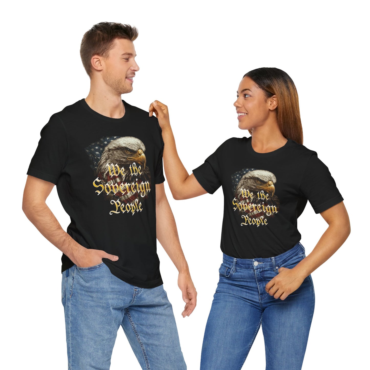 We the Sovereign People and American Bald Eagle, Text in Graduated Gold, on a Black or Navy Blue Shirt